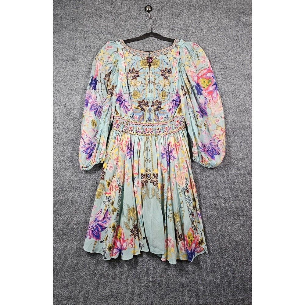 Camilla Silk Floral Pleated Dress Size XS Puff Sleeve Flawed Beaded Pockets - Picture 2 of 9